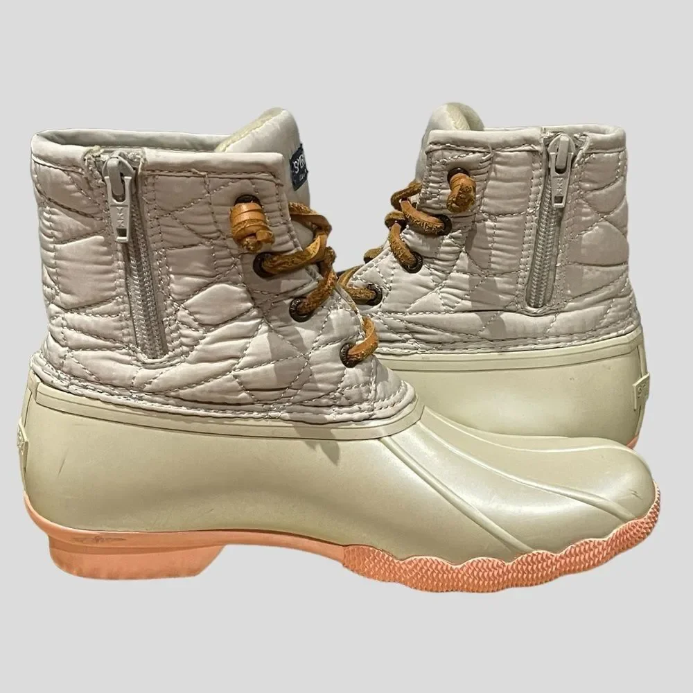 Sperry Saltwater Duck Boots Girls 4 Cream Peach Quilted Rain Snow Boots